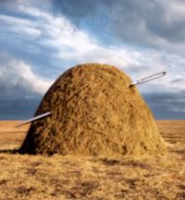 Pile of straw with oversized sewing needle